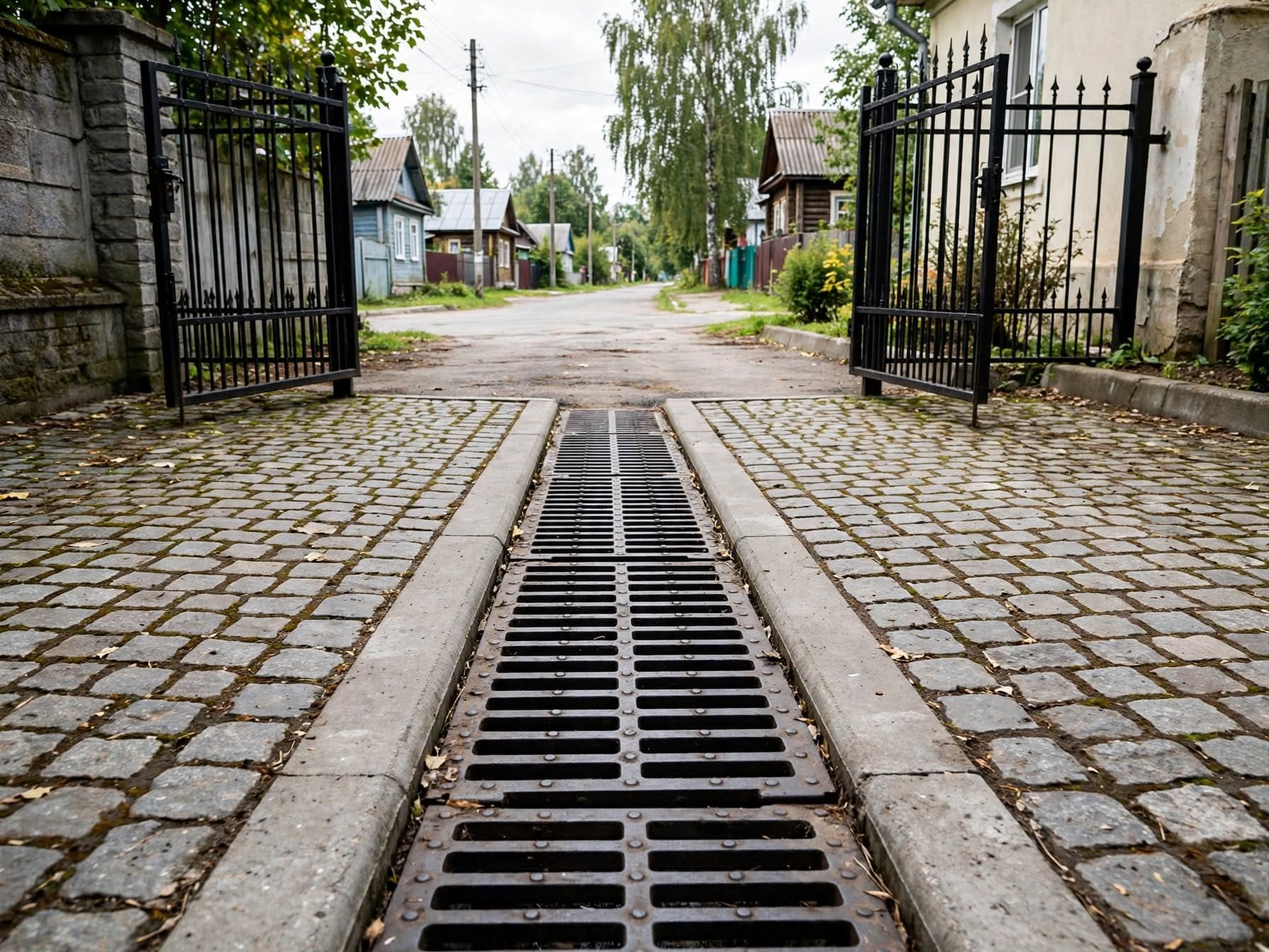 Водоотводный лоток перед въездом, решётка вровень с покрытием
